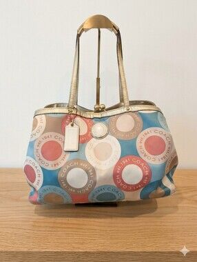 COACH Multicolor Circle Print “Est. 1941” Satchel with Gold Trim Tote Bag